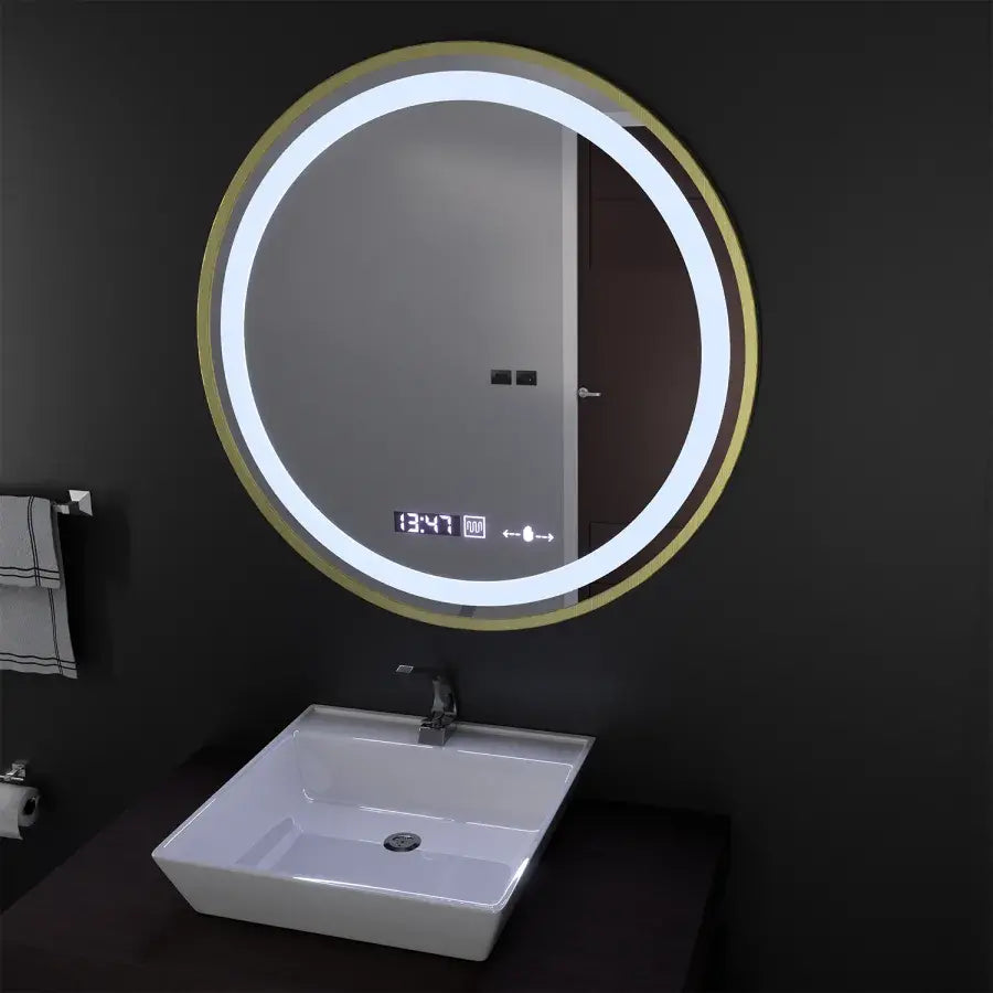 Oglinda LED Rotunda, 60cm, Celeste Royale Gold MotionGlow Marcello, Sistem Dezaburire, Ceas & Termometru, Dimabila