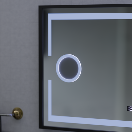 Oglinda LED Senzor MotionGlow Domingo cu functie Dezaburire Termometru Ceas 120x65 cm Lumina Rece/Calda/Neutra Dimabila, Rama Negru Brushed, colectia Marcello Funghi