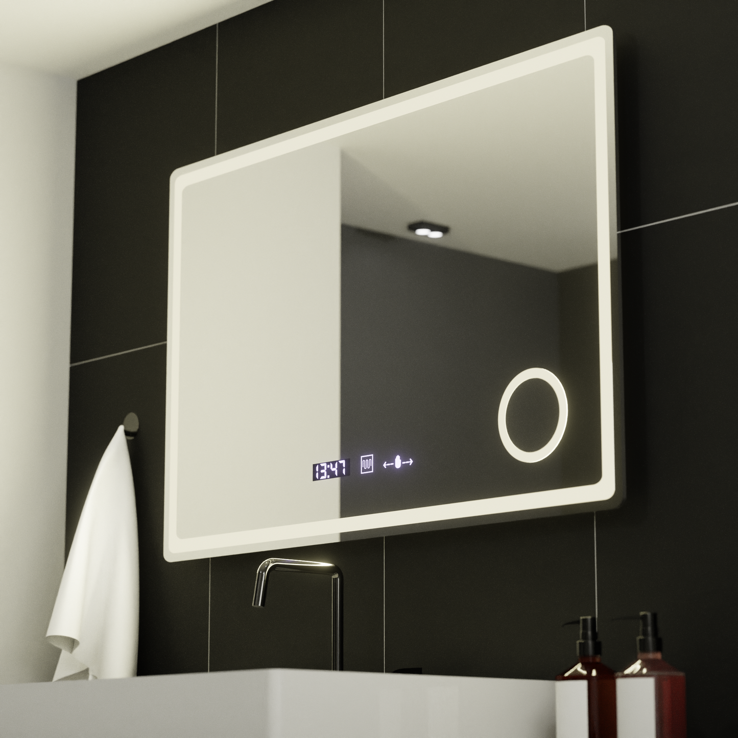 Oglinda LED Rectangulara, 90x60cm, Velour MotionGlow Marcello, Sistem Dezaburire, Ceas & Termometru, Lupa Cosmetica, Dimabila