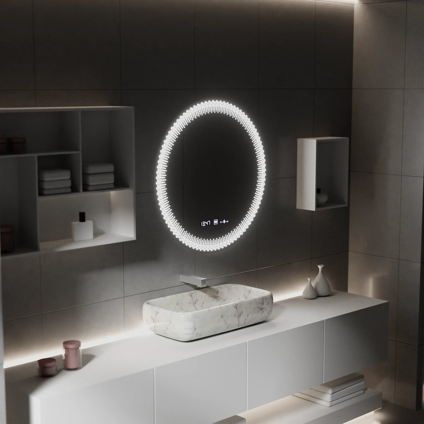 Oglinda LED Rotunda W47/60X60, 60cm, MotionGlow Marcello, Sistem Dezaburire, Ceas & Termometru, Dimabila