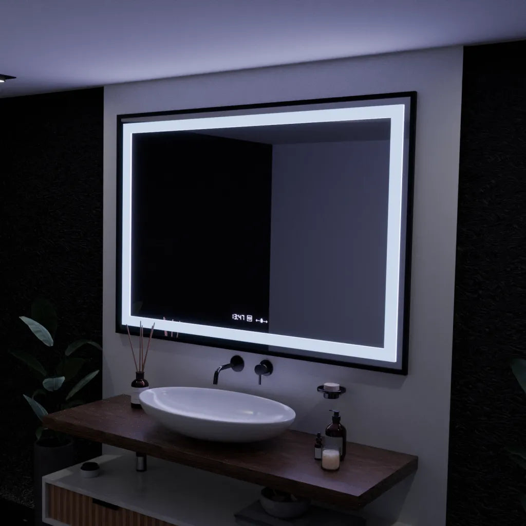 Oglinda LED Rectangulara 100x70 Verite Majeste Noir Motion Glow Marcello, Sistem Dezaburire, Termometru si Ceas, Dimabila