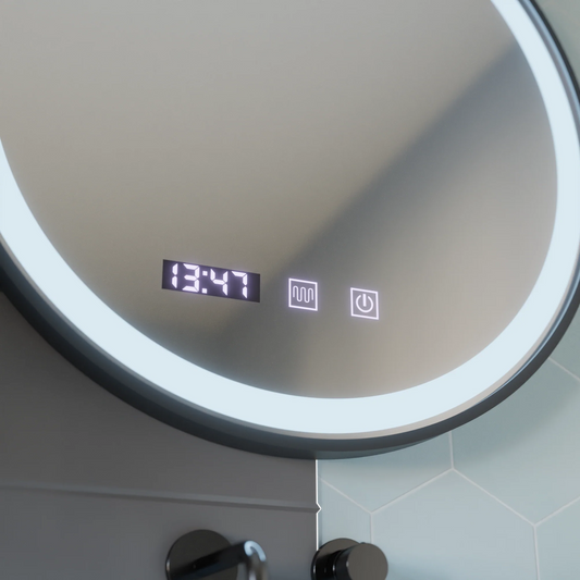 Oglinda LED Touch NOVARA Sistem Dezaburire, Ceas si Temperatura 90 cm Rama Negru Brushed