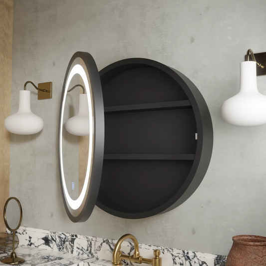 Oglinda LED cu Dulap, Rotunda, 50x50cm, Dezaburire, Rama Neagra, Spatiu de Depozitare