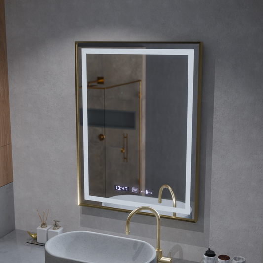 Oglinda LED Rectangulara 60x80 – Verite Royale Gold MotionGlow Marcello, Sistem Dezaburire, Termometru si Ceas, Dimabila
