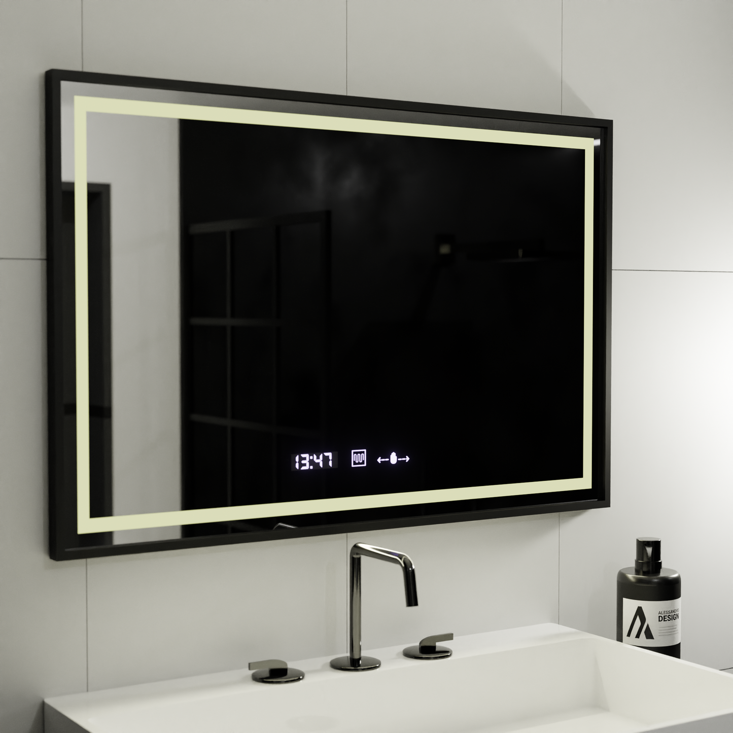 Oglinda LED Rectangulara 100x80 Verite Majeste Noir MotionGlow Marcello, Sistem Dezaburire, Termometru si Ceas, Dimabila