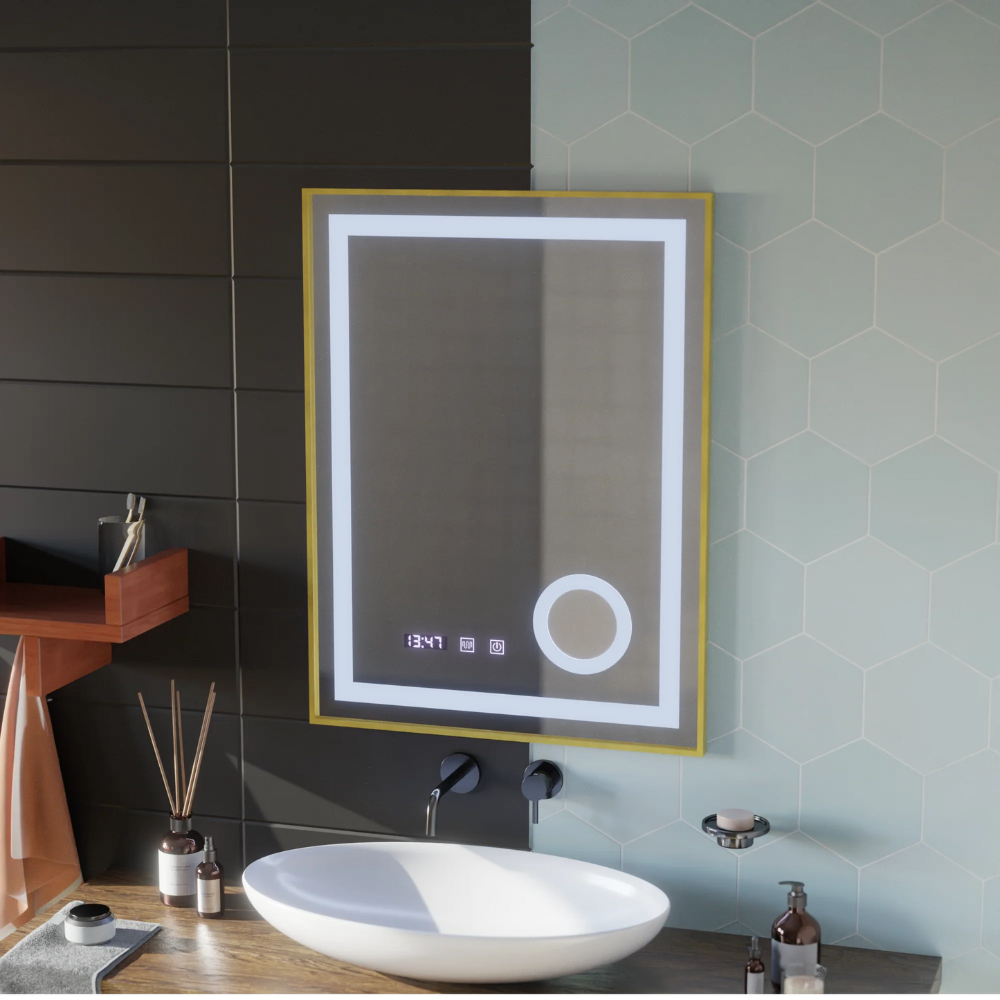 Oglinda LED Touch CLARUS Sistem Dezaburire, Ceas si Temperatura 60x80 cm Rama Auriu Brushed Lupa Cosmetica