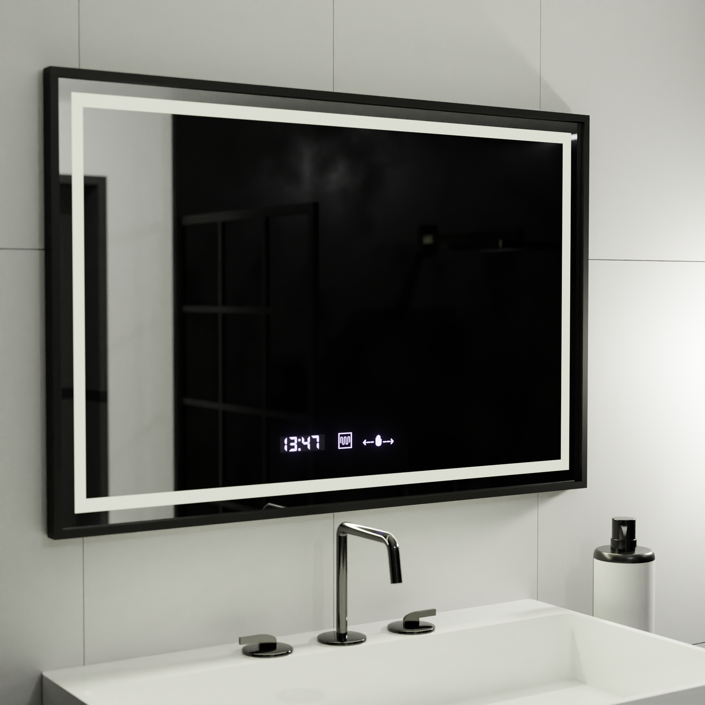 Oglinda LED Rectangulara, 120x80cm, Raggio Motion Glow Marcello, Sistem Dezaburire, Termometru si Ceas, Dimabila