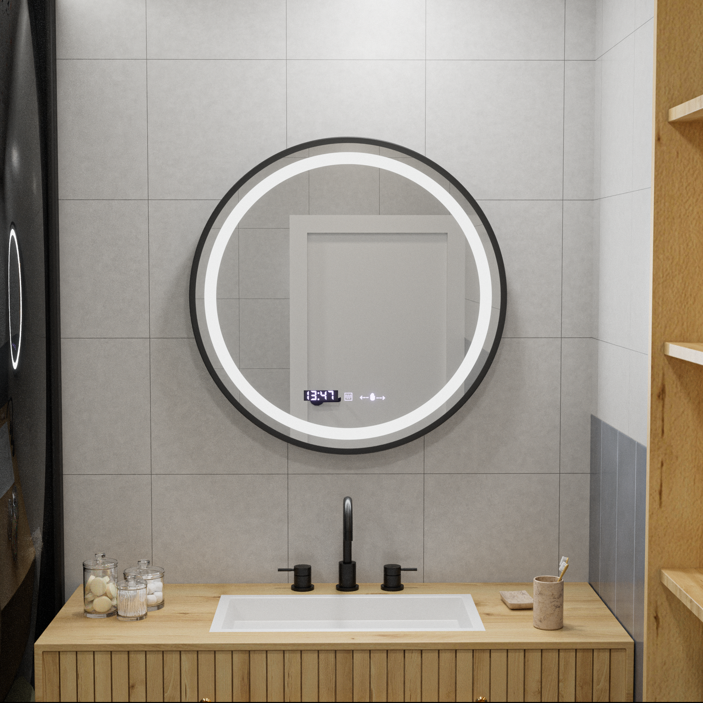 Oglinda LED Rotunda 70 Celeste Majeste Noir MotionGlow Marcello, Sistem Dezaburire, Termometru si Ceas, Dimabila