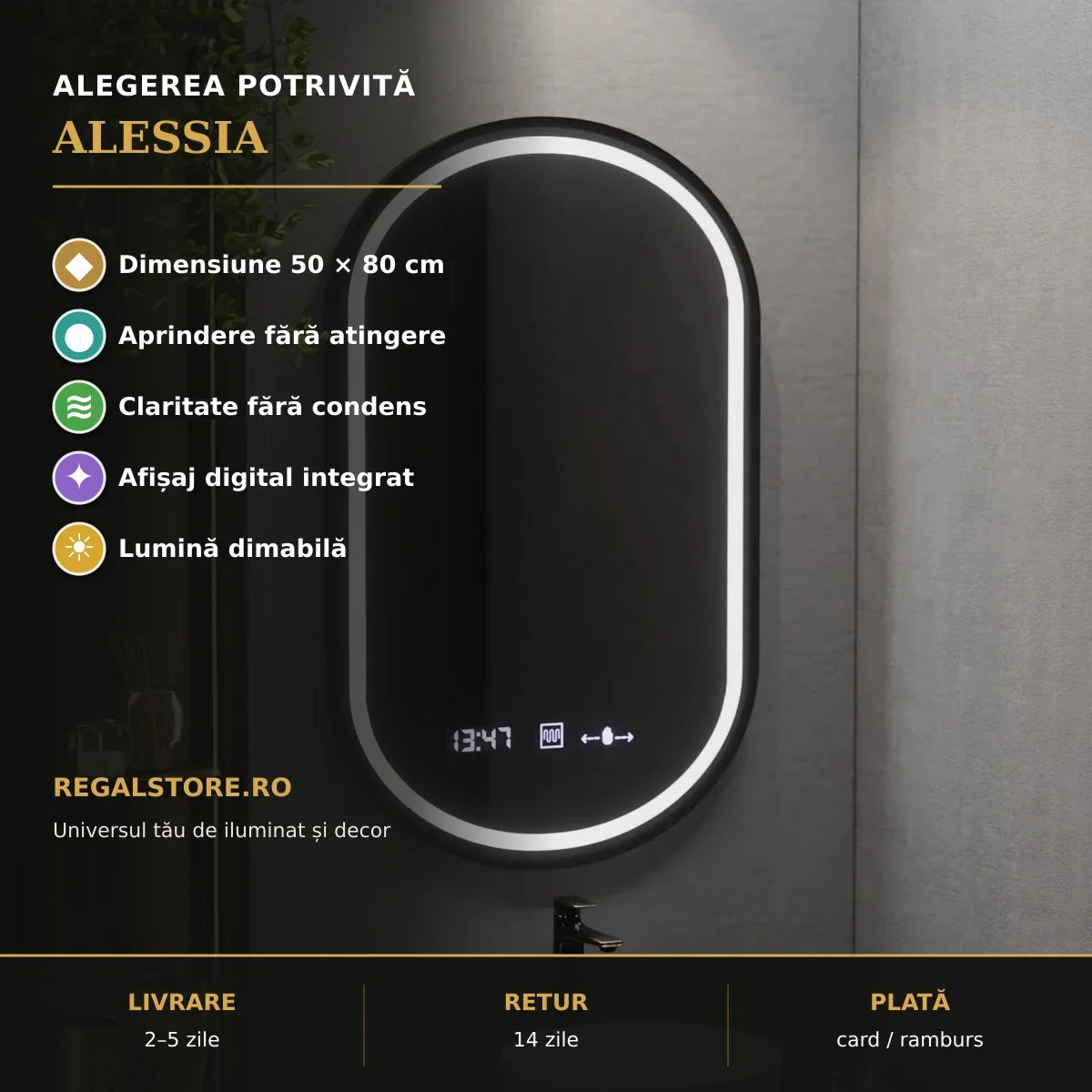 Oglindă LED Alessia 50x80 cm – beneficii
