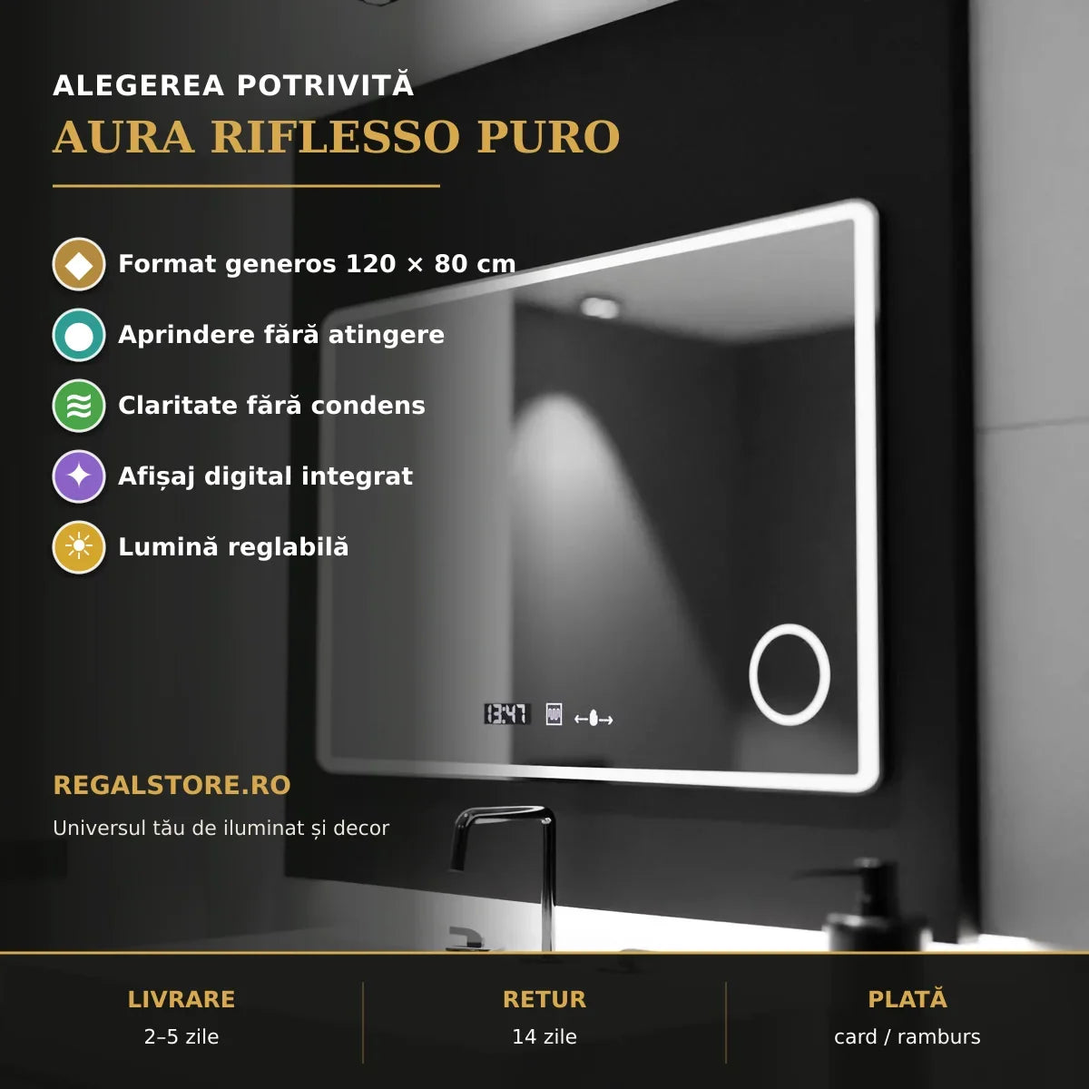 Oglindă LED Aura Riflesso Puro 120x80 cm – beneficii