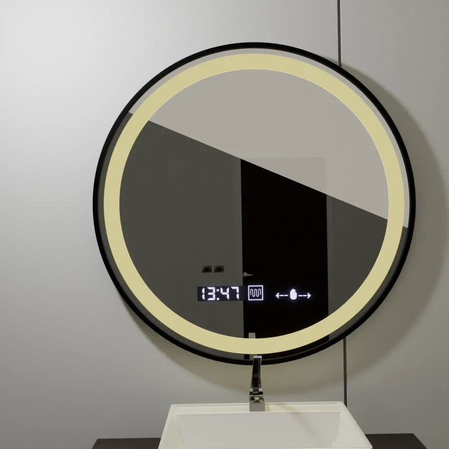 Oglinda LED Rotunda 60 Celeste Majeste Noir MotionGlow Marcello, Sistem Dezaburire, Termometru si Ceas, Dimabila