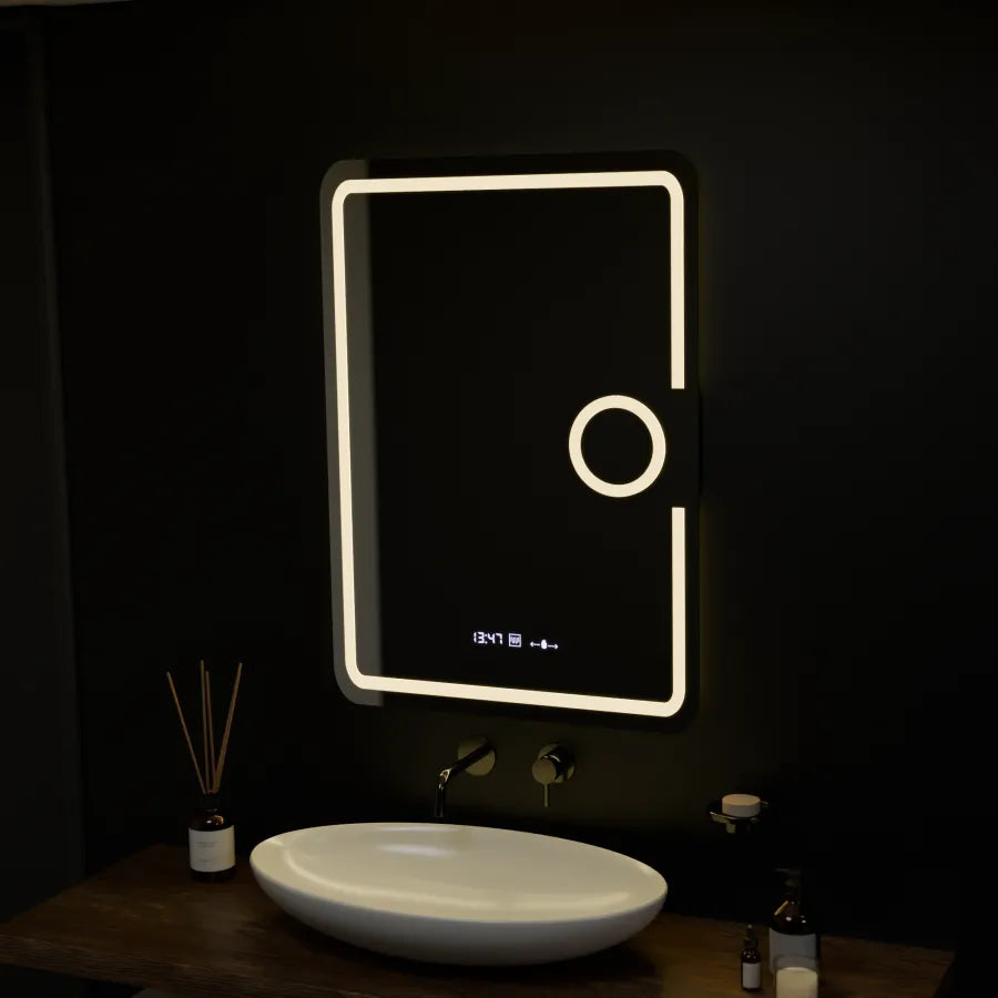 Oglinda LED Rectangulara 50x70 Eclat MotionGlow Marcello, Lupa Cosmetica, Sistem Dezaburire, Termometru si Ceas, Dimabila