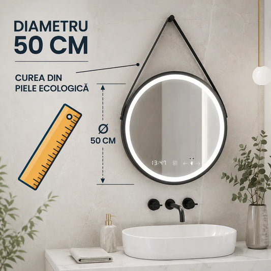 Oglindă LED Celeste Eleve – diametru 50 cm și curea ecologică