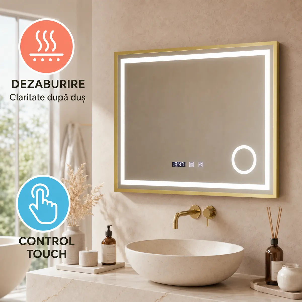 Oglindă LED Clarus Gold – dezaburire și control touch