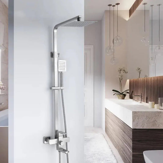 SET Coloana de dus cu baterie, Inox, para patrata, efect ploaie, 3 functii, montare pe perete, Satinat, Accesorii Incluse, LY005