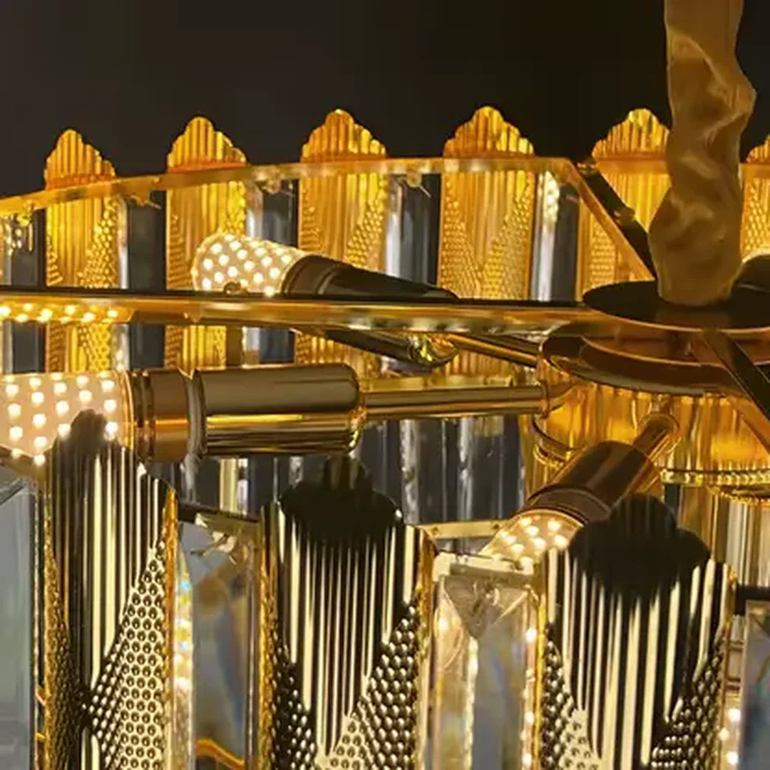 Candelabru Cristal BUCKINGHAM Eleganza 7x E14, Diametru 49cm, Auriu Lucios, Inaltime Reglabila – culoare aurie, 49 cm –