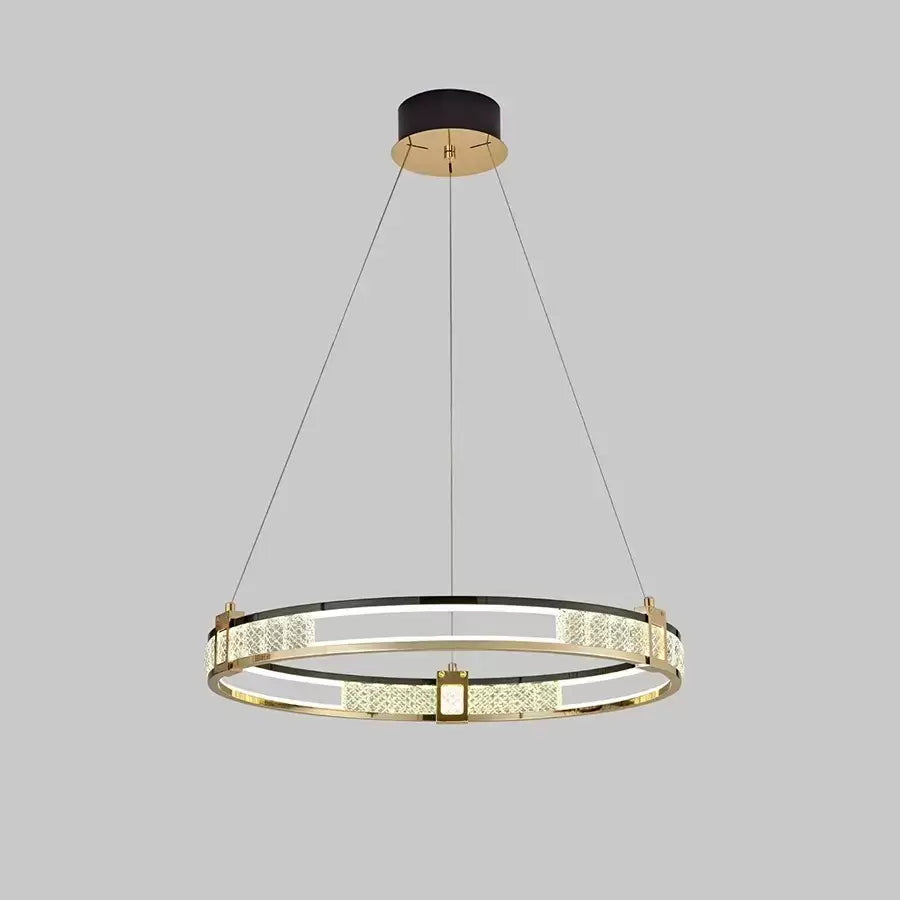 Lustra LED suspendata cu telecomanda si cristal RIGA REED , 80W, lumina Rece/Calda/Neutra, Dimabila, Auriu Lucios, Inaltime Reglabila