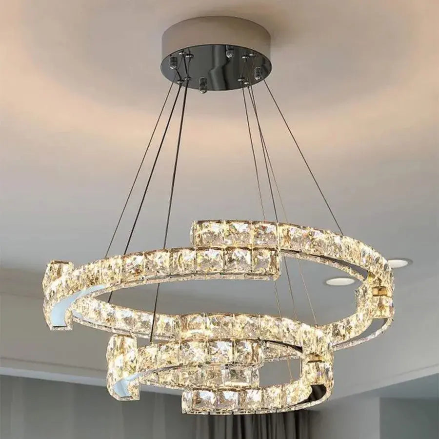 Lustra LED suspendata cu telecomanda si cristal MIA LATIFAH, 70W, 2 Cercuri, lumina Rece/Calda/Neutra, Dimabila, Crom Lucios