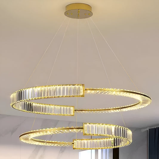 Lustra LED suspendata cu telecomanda si cristal PRISM REGAL 120W, 2 Cercuri, lumina Rece/Calda/Neutra, Dimabila, Auriu,