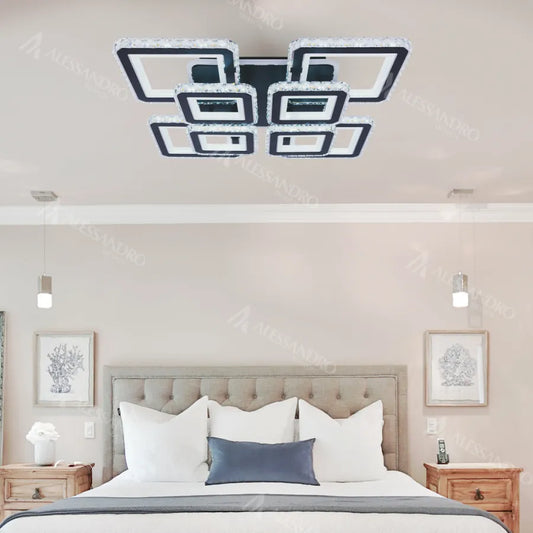 Lustra LED cu telecomanda si cristal LEILA RGB, 236W, 8 Patrate, lumina Rece/Calda/Neutra, Dimabila, Negru