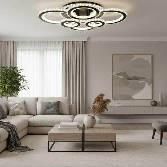 Lustra LED cu telecomanda si cristal NOVA ROTONDA RGB, 154W, 6 Cercuri, lumina Rece/Calda/Neutra, Dimabila, Negru