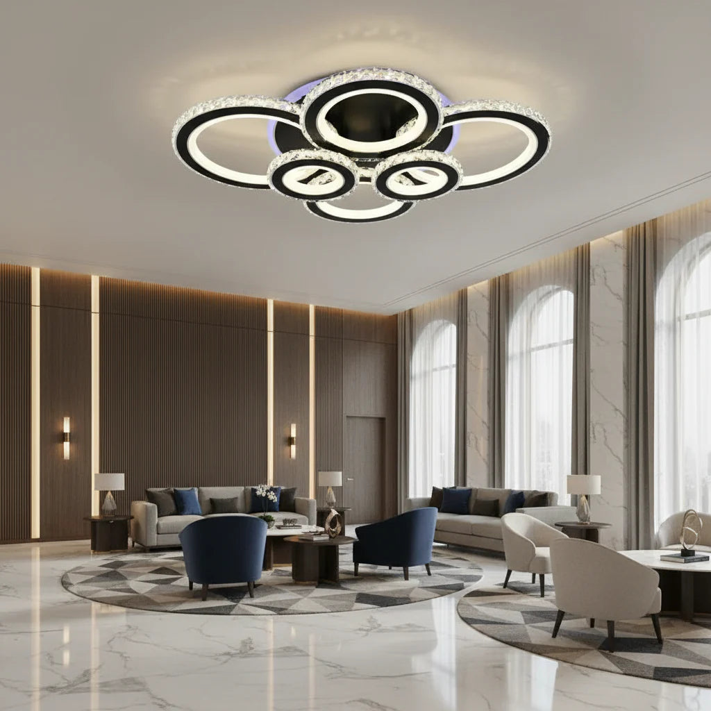 Lustra LED cu telecomanda si cristal NOVA ROTONDA RGB, 154W, 6 Cercuri, lumina Rece/Calda/Neutra, Dimabila, Negru