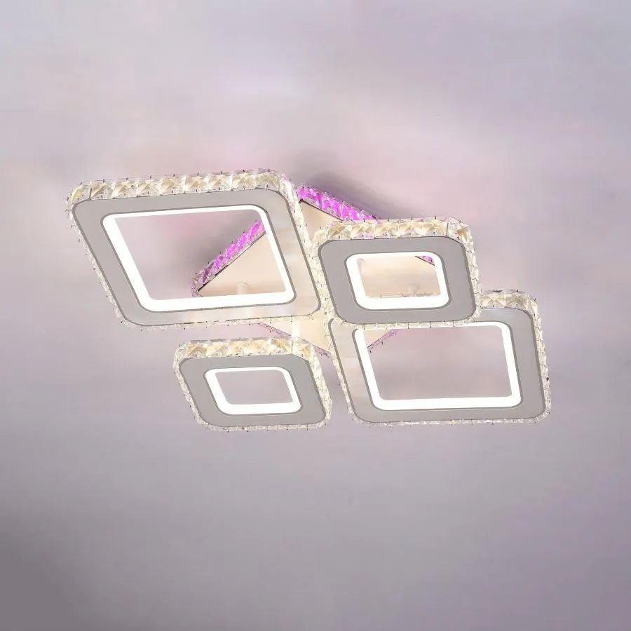 Lustra LED TERRANO cu Cristale, 4 Patrate, RGB, cu Telecomanda, 162W, Alb & Inox