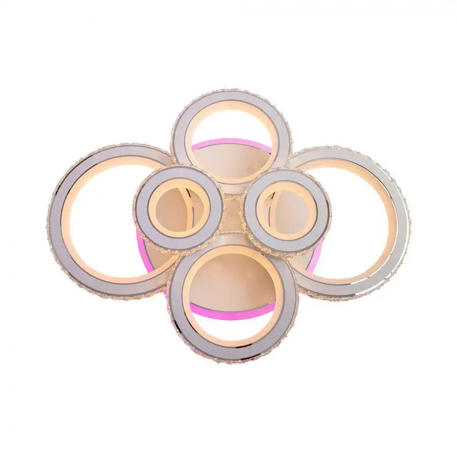 Lustra LED NOVA Rotonda cu Cristale, 6 Surse de Lumina, RGB, cu Telecomanda, 154W, Alb & Inox