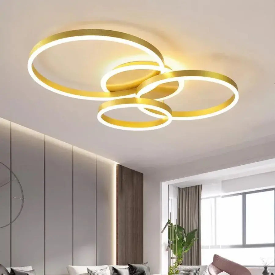 Lustra LED cu Telecomanda LYRA, 100W, 3 Cercuri, Dimabila, Auriu Periat, Lumina Rece/Calda/Neutra