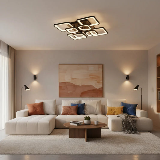 Lustra LED cu telecomanda ZOE, 8 Patrate, 130W, Lumina Rece/Calda/Neutra, Dimabila, Negru