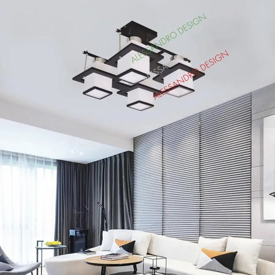 Lustra Clasica Aramis cu Lemn Abajur Patrat 4 X Dulie E27 Alb Negru