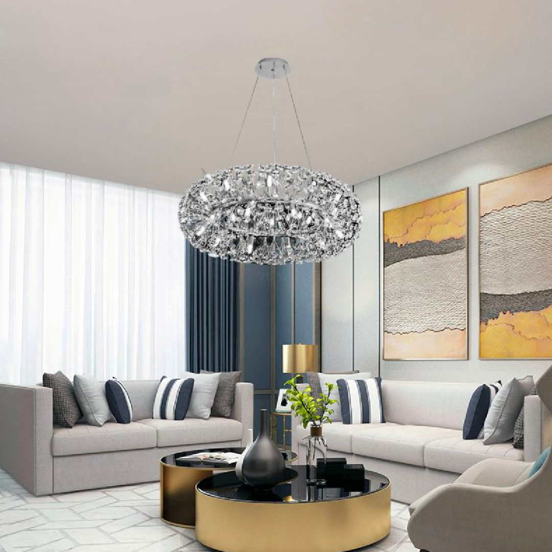 Candelabru Cristal SEGOVIA Magno 5x E14, Diametru 60cm, Argintiu Lucios, Inaltime Reglabila – RegalStore