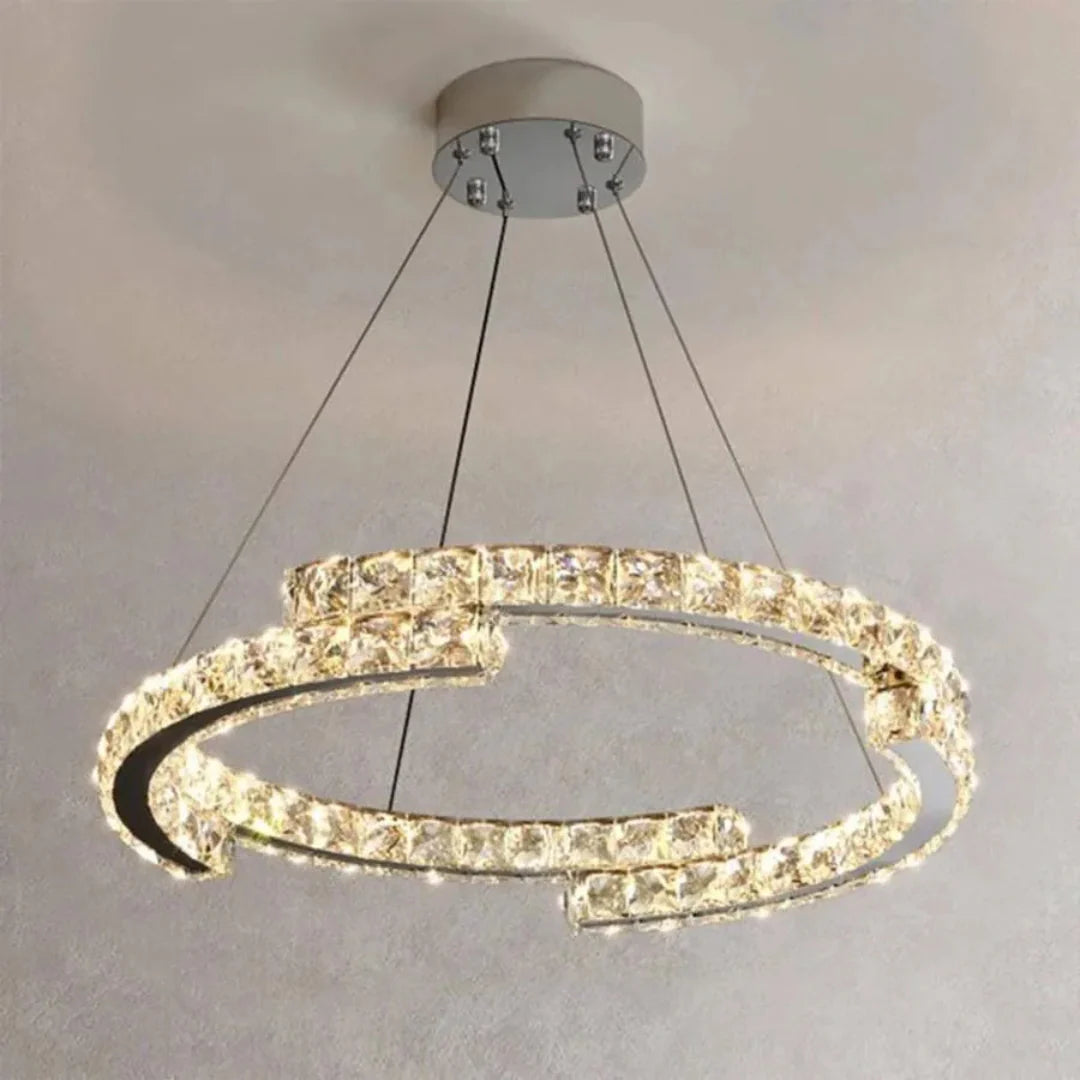 Lustra LED suspendata cu telecomanda si cristal MIA Yonca, 39W, 1 Cerc, lumina Rece/Calda/Neutra, Dimabila, Crom Lucios