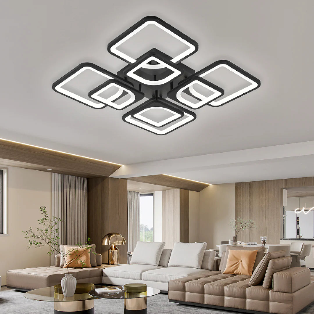 Lustra LED cu telecomanda ZOE, 8 Patrate, 130W, Lumina Rece/Calda/Neutra, Dimabila, Negru – RegalStore