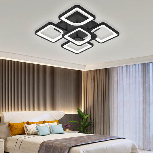 Lustra LED cu Telecomanda, ZOE, 5 Patrate, 66W, Lumina Rece/Calda/Neutra, Dimabila, Negru