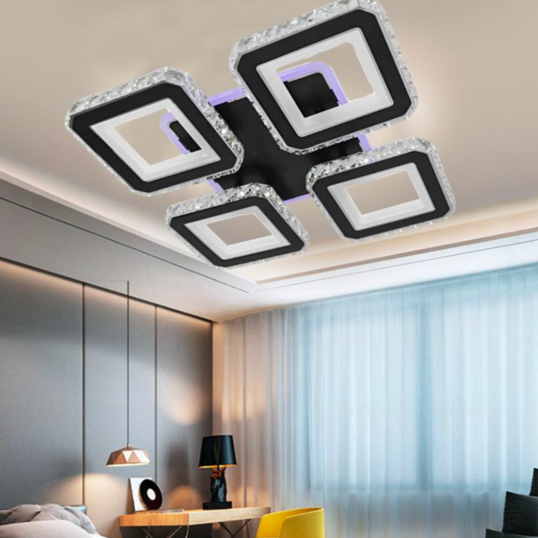 Lustra LED cu telecomanda LEILA, 79W, 4 Patrate, lumina Rece/Calda/Neutra, Dimabila, Negru
