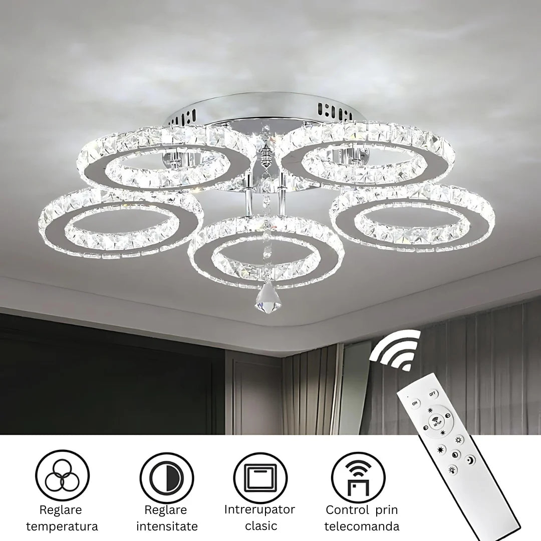 Lustra LED cu telecomanda si cristal ALANUBIS, 61W, 5 Cercuri, lumina Rece/Calda/Neutra, Dimabila, Crom Lucios