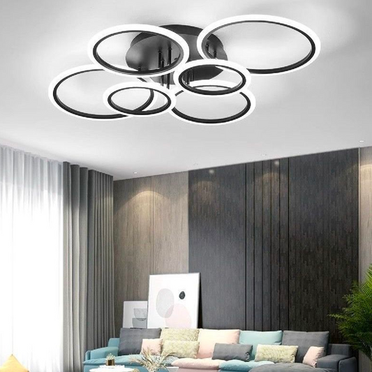 Lustra LED cu telecomanda BETTY, 82W, 6 Cercuri, lumina Rece/Calda/Neutra, Dimabila, Negru