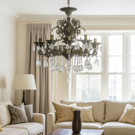 Candelabru SANSSOUCI 8xE14 Metal si Cristal Inaltime Reglabila Alama Antichizata