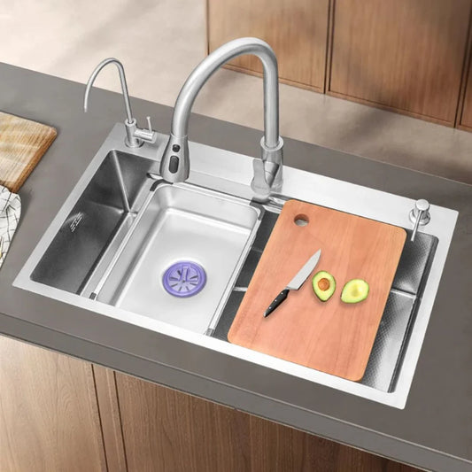 Set Chiuveta Bucatarie Inox cu Baterie Dubla, Cuva Universala cu Dop Scurgere, Spalator Pahare, Negru Grafit, 75x45X21cm