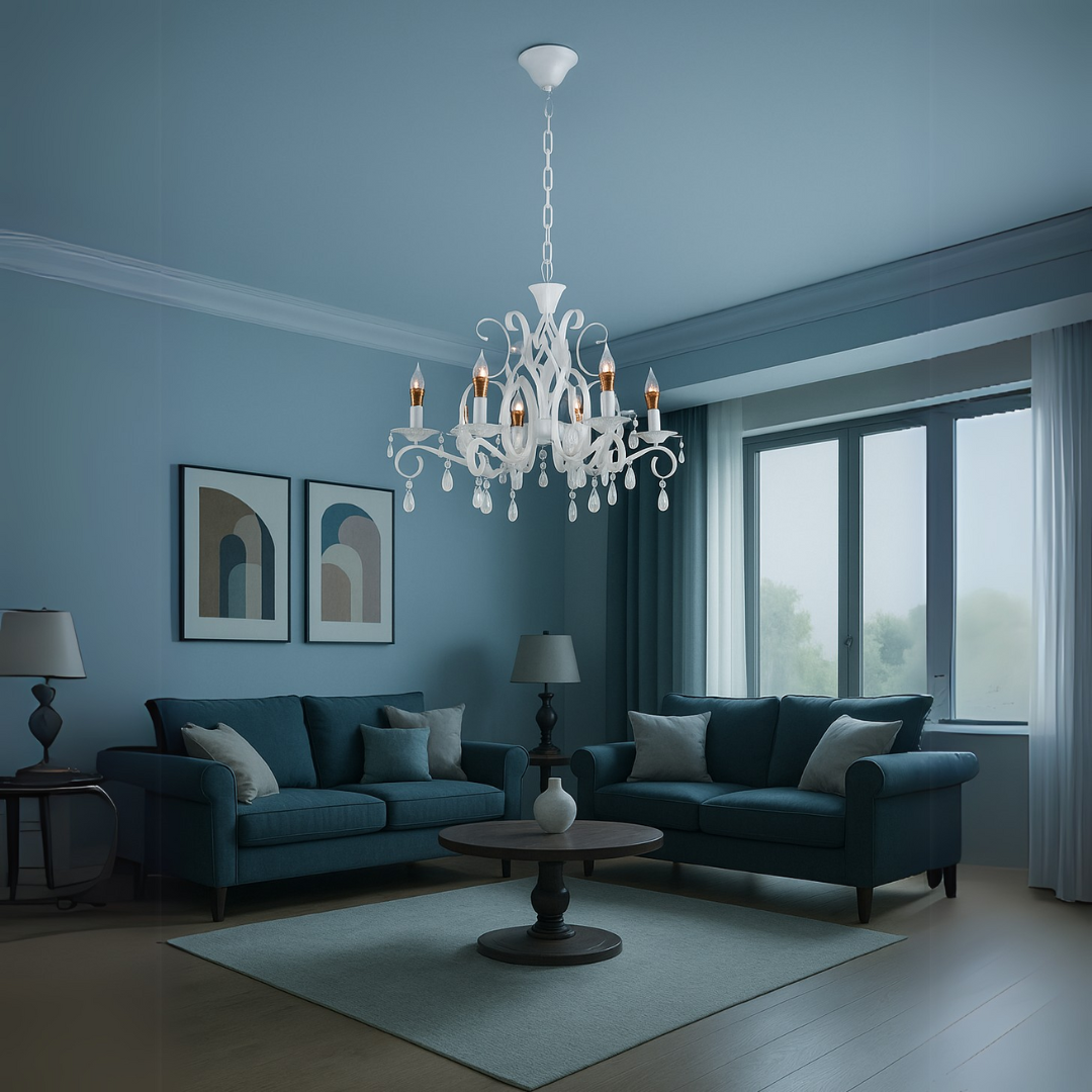 Candelabru DELLI SANTI 6xE14, Diametru 49cm, Alb, Inaltime Reglabila – RegalStore