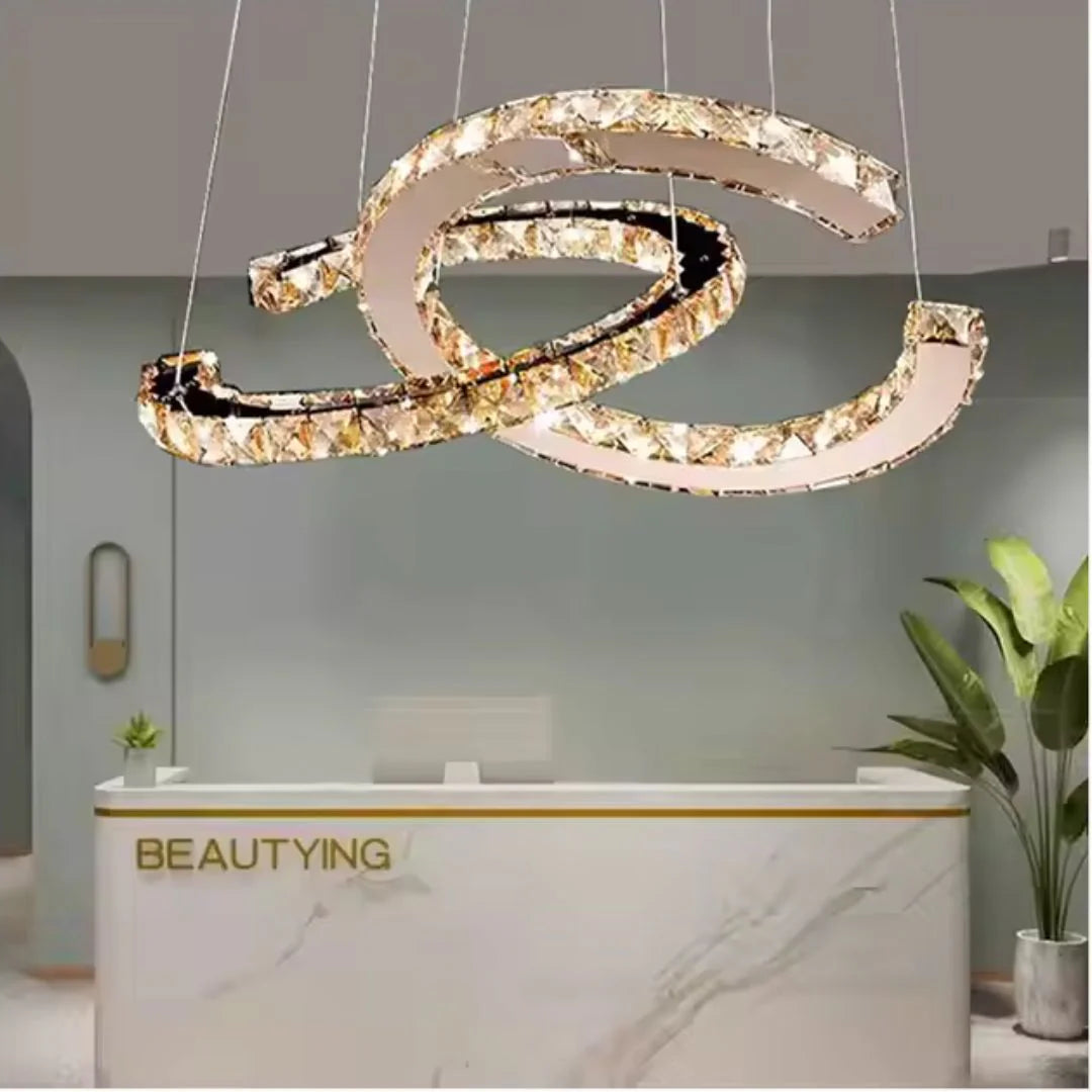 Lustra LED suspendata cu telecomanda si cristal PRISM ANTEA, 40W, 2 Cercuri, lumina Rece/Calda/Neutra, Dimabila, Argintiu, Inaltime Reglabila