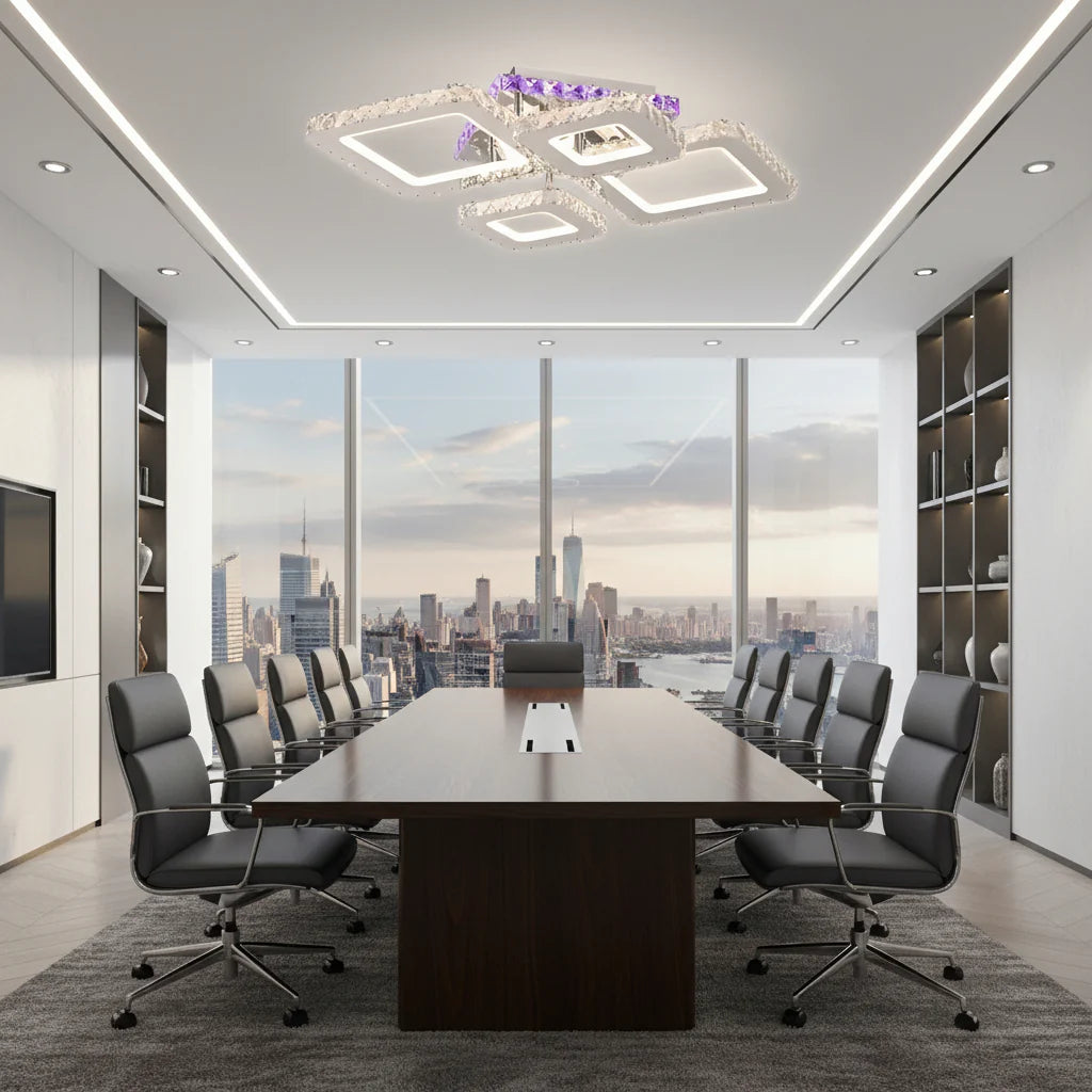 Lustra LED cu telecomanda si cristal NOVA RHOMBA RGB, 60W, 4 Patrate, lumina Rece/Calda/Neutra, Dimabila, Crom Lucios