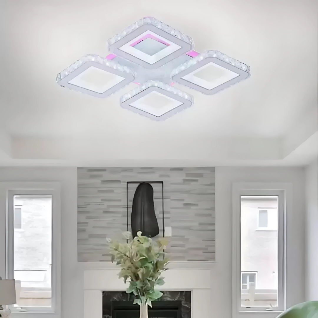 Lustra LED Leila cu Telecomanda, 79W, Crom cu Alb, Metal si Cristal, Dimabila, RGB