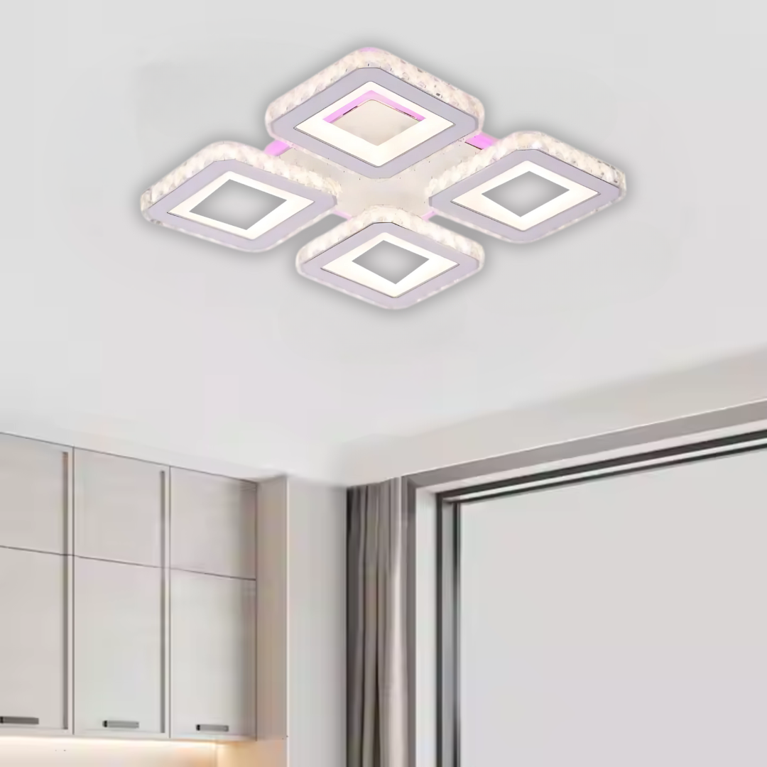 Lustra LED Leila cu Telecomanda, 79W, Crom cu Alb, Metal si Cristal, Dimabila, RGB