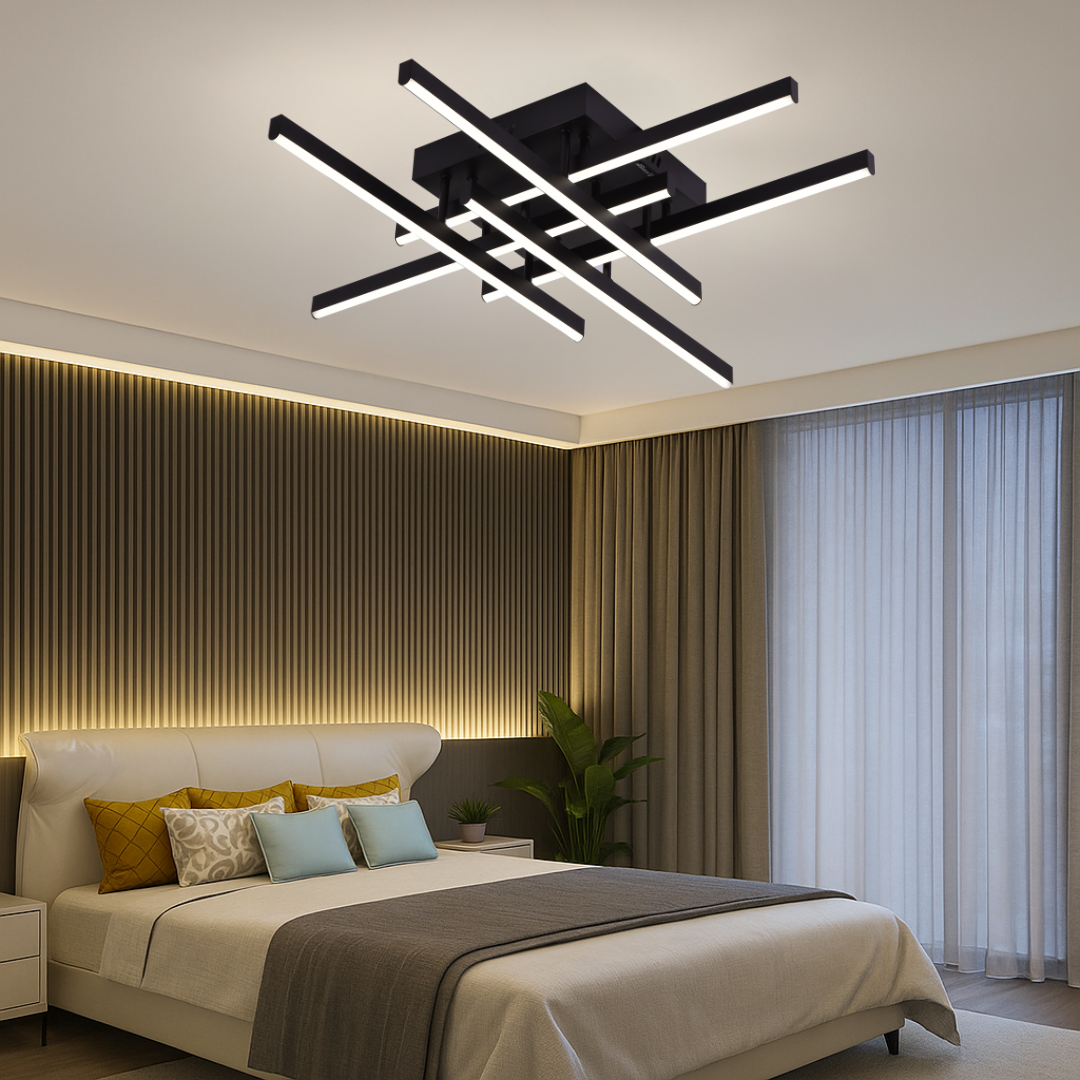 Lustra LED cu Telecomanda Aroldo, 63W, 6 Elemente, Liniara, lumina Rece/Calda/Neutra, Dimabila, Negru