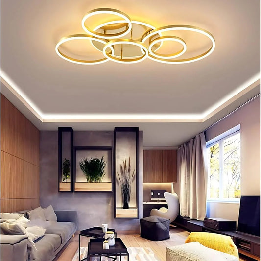 Lustra LED cu Telecomnda DARIO, 5 cercuri, 138W, Lumina Calda/Rece/Neutra, Dimabila, Auriu