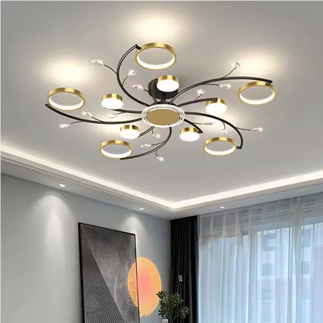 Lustra LED cu Telecomnda KARINA, 68W, 10 Elemente, Lumina Calda/Rece/Neutra, Dimabila, Auriu
