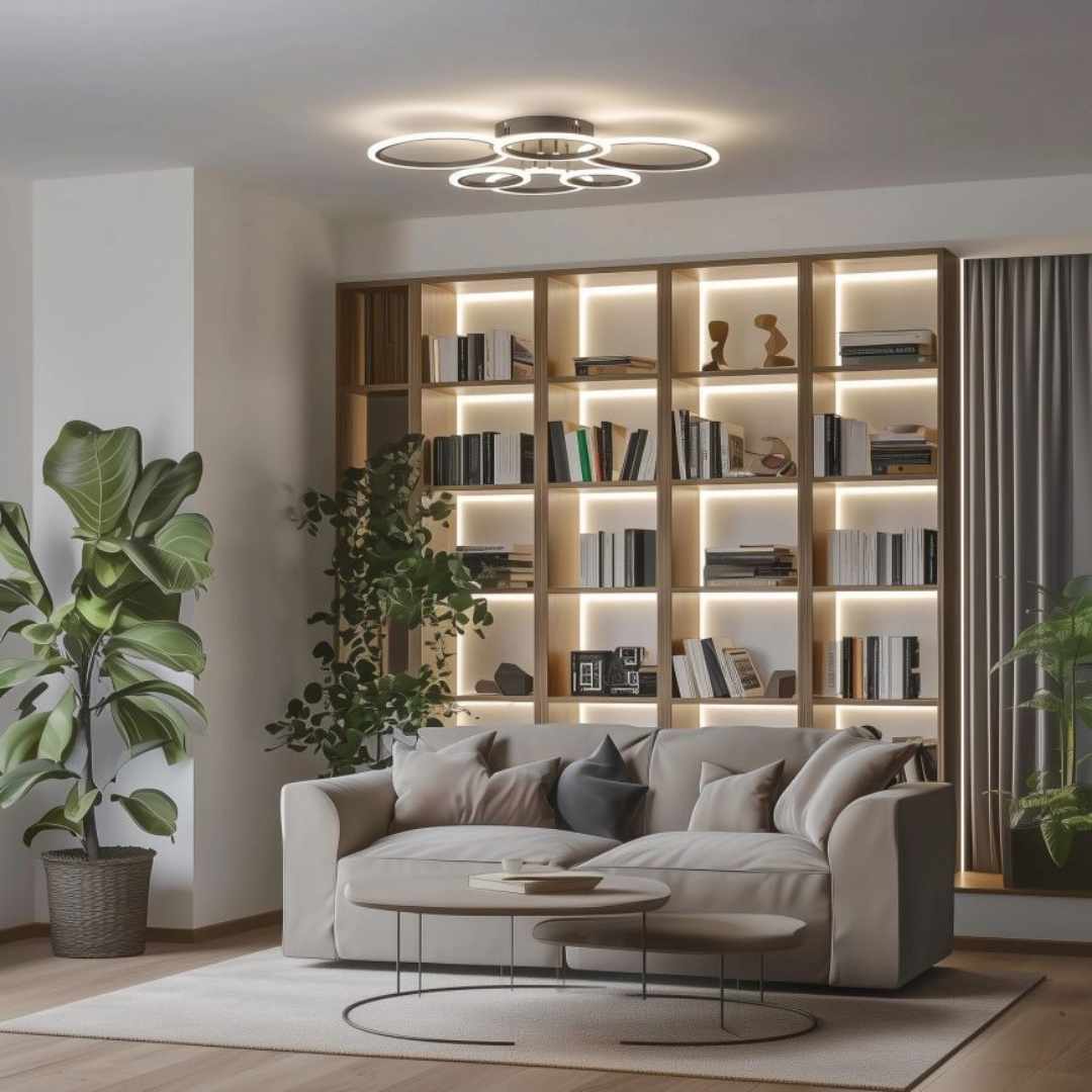 Lustra LED cu Telecomanda, Betty, 6 Cercuri, 82W, Lumina Rece/Calda/Neutra, Dimabila, Negru