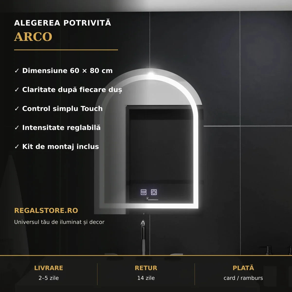 Oglindă LED Arco 60x80 cm – beneficii principale